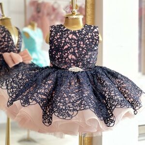 Elegant Navy Lace Dress with Pink Tulle